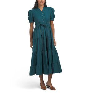 LUNA SKIES Green Tie Front Tiered Shirt Dress